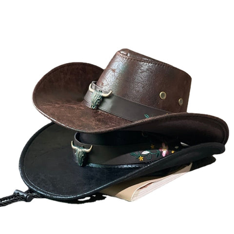 Cow Head Decorate Western Cowboy Hat Faux Leather Vintage Jazz Hats