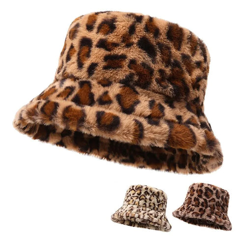 Leopard Print Fisherman Hat Plush Bucket Hat
