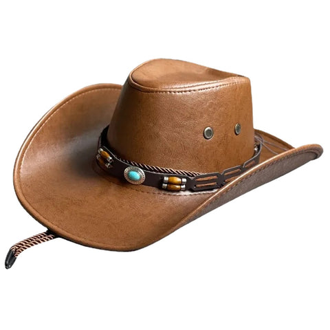 Faux Leather Western Cowboy Hats Panama Cowgirl Jazz Cap