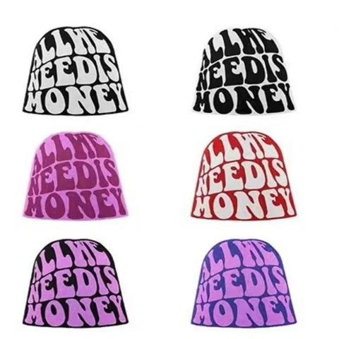 Unisex Letter Jacquard Y2K Beanie ALL WE NEED IS MONEY Hip Hop Knit Hat