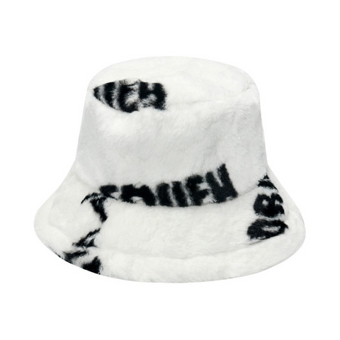 Women Winter Bucket Hat Letter Print Warm Hats Faux Fur Plush Fisherman Cap