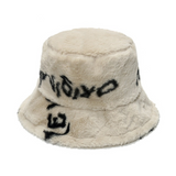 Women Winter Bucket Hat Letter Print Warm Hats Faux Fur Plush Fisherman Cap