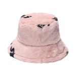 Women Winter Bucket Hat Letter Print Warm Hats Faux Fur Plush Fisherman Cap