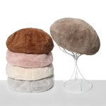 NEWBLOM Painter Hat Winter Wool Bud Hat Pure Color Faux Rabbit Fur Plush Beret